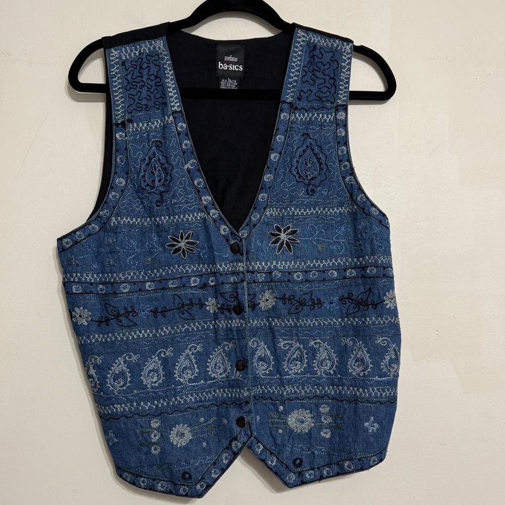Stefano Denim Paisley Floral Embroidered Vest Size L